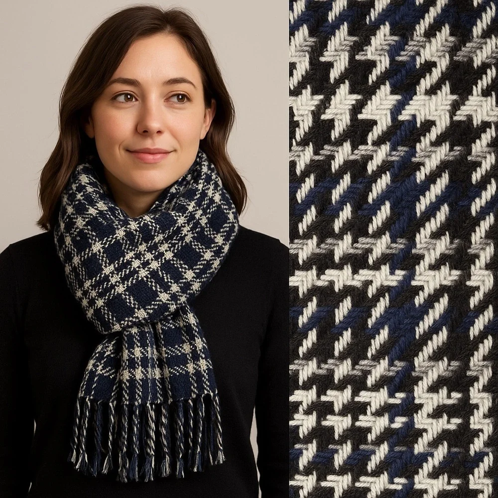 Black Blue Gray White Houndstooth Unisex Plaid Pattern Scarf Fringe NWOT #1192